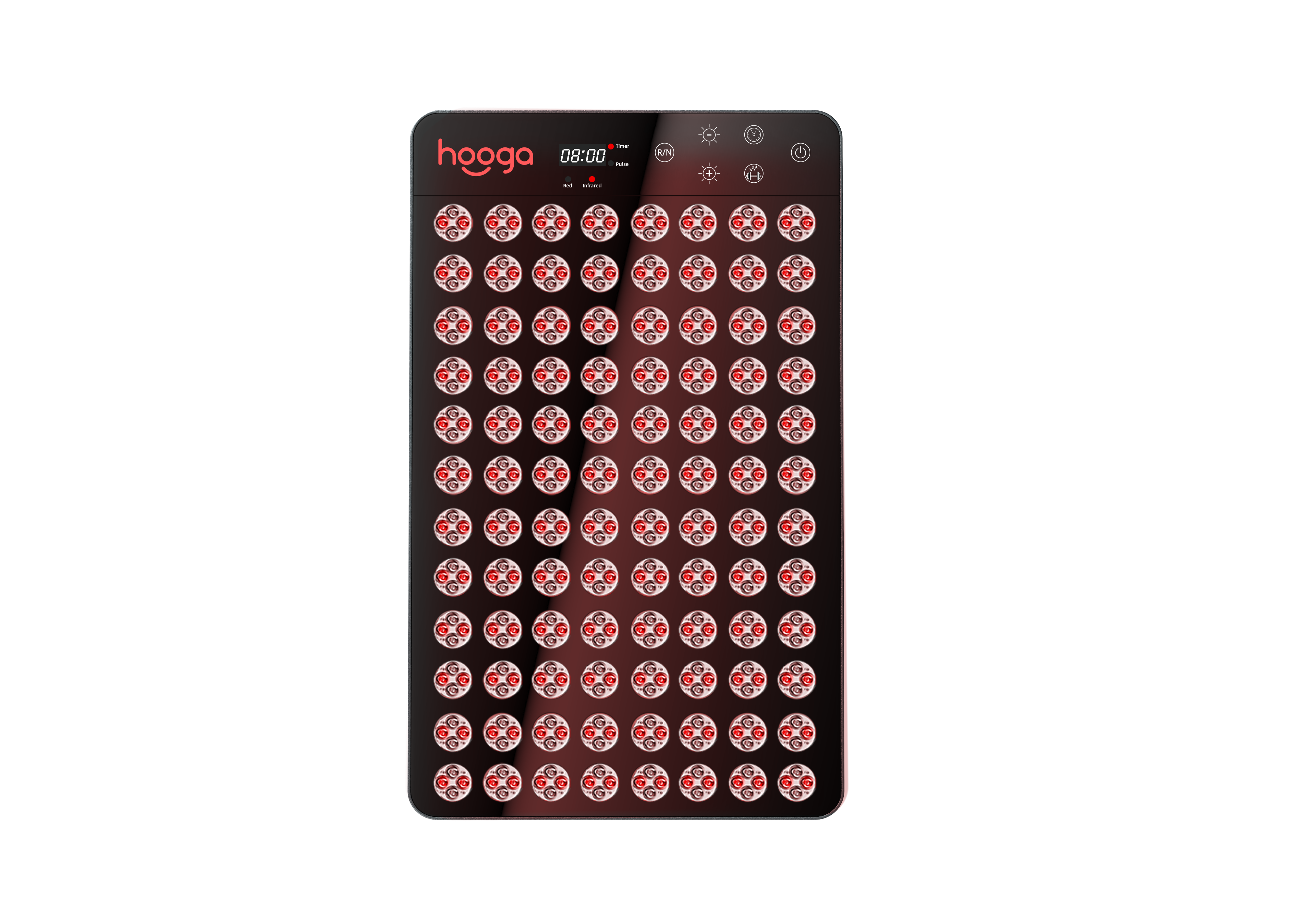 Hooga Ember sauna panel specifications: 384 LEDs, 180W, 630/660/810/850nm wavelengths, IP65 rated to 194°F